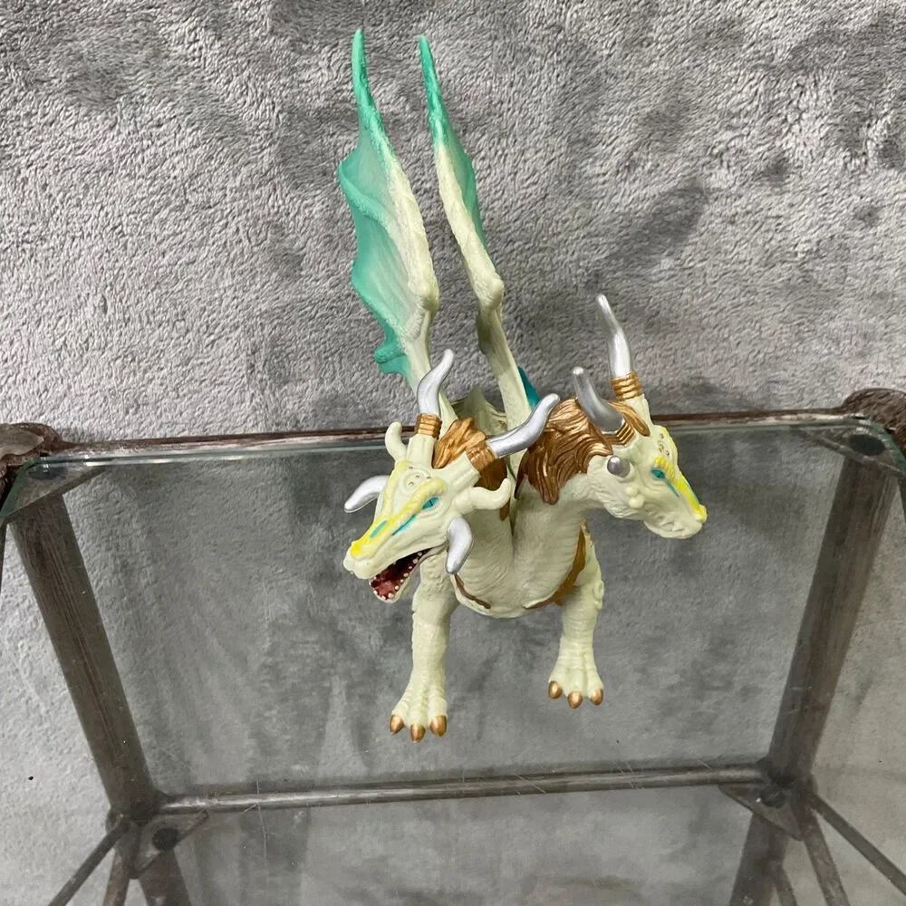 2 HEADED DRAGON ACTION FIGURE TOY GREEN yellow gold approx 6.5”x 5”